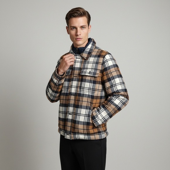 Abercrombie Fitch Plaid Wool Blend Barn Coat‎ Jacket Mens Size Medium Blue Brown
